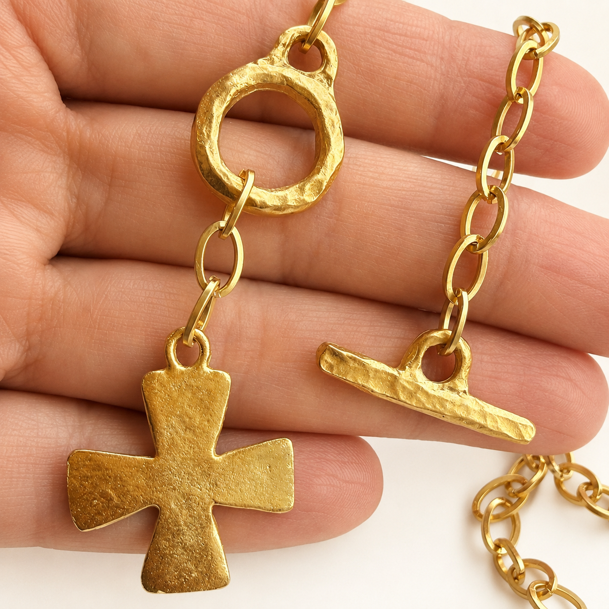 Hammered Cross Front Toggle Satin Gold Necklace