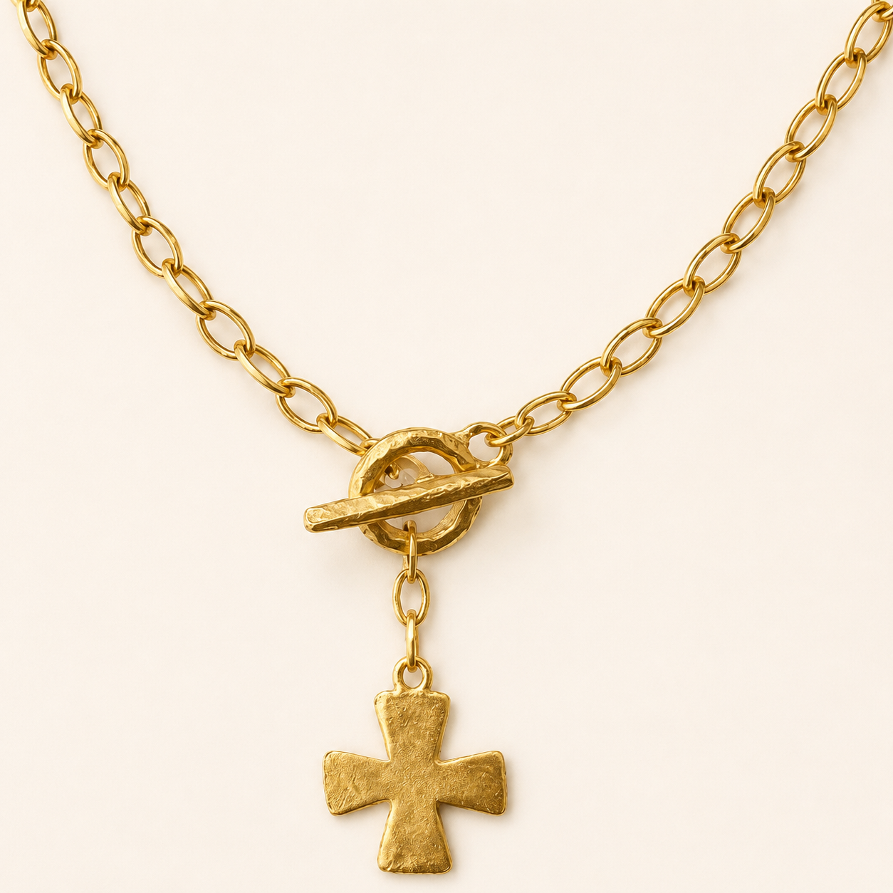 Hammered Cross Front Toggle Satin Gold Necklace