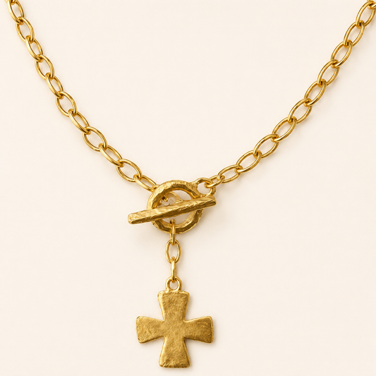 Hammered Cross Front Toggle Satin Gold Necklace