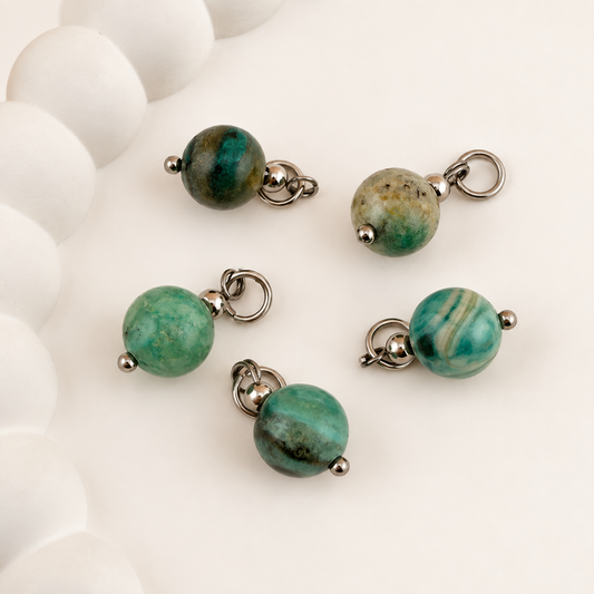 Natural Green Line Jasper Charms with Stainless Steel Rings, 8.5mm