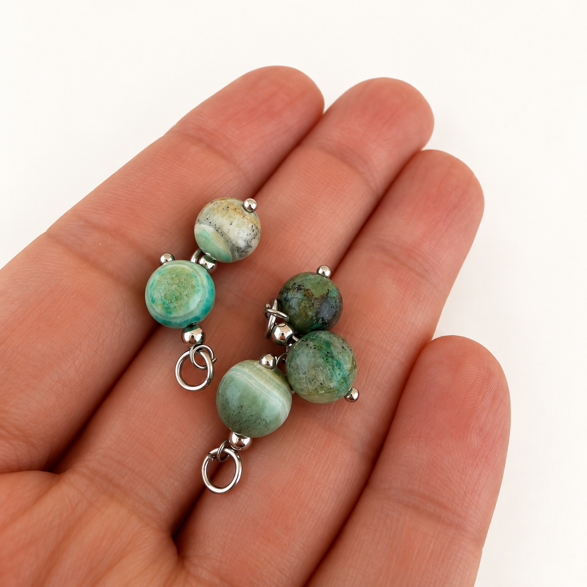 Natural Green Line Jasper Charms with Stainless Steel Rings, 8.5mm